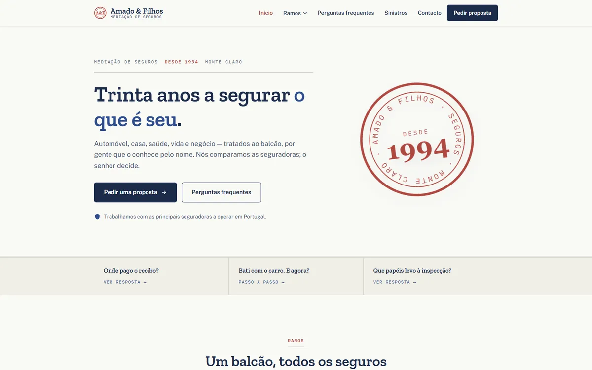 Amado & Filhos — mediação de seguros, website demo Valado Digital